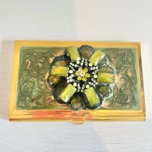 Unique Jeweled and Beaded Flower Gold Tone Business Card Holder Women
